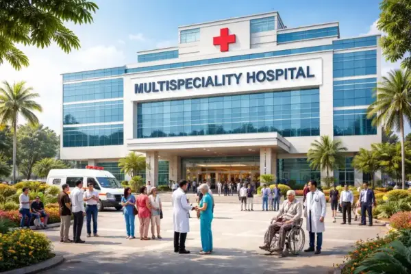 Indian multispeciality hospital building exterior with doctors, patients, and ambulance in front