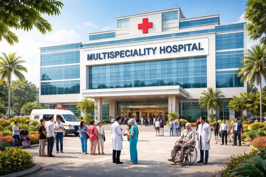 Indian multispeciality hospital building exterior with doctors, patients, and ambulance in front
