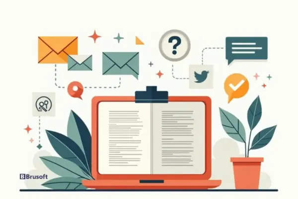 BRUsoft digital marketing and website development company illustration showing content strategy social media communication and online branding tools