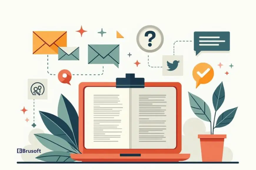 BRUsoft digital marketing and website development company illustration showing content strategy social media communication and online branding tools