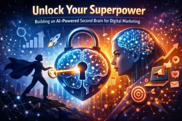 AI-powered second brain concept showing a digital brain unlocked by a key, symbolizing artificial intelligence enhancing digital marketing strategy, productivity, and insights.