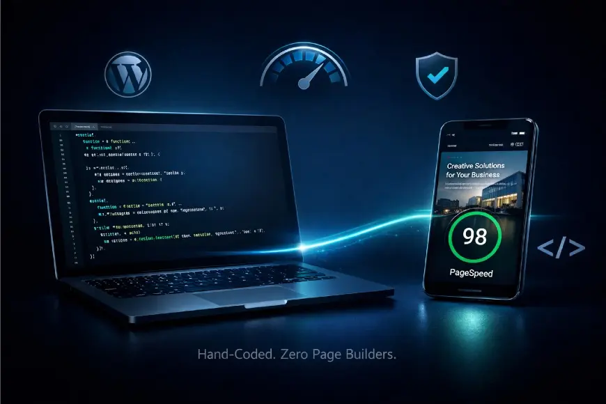 Custom WordPress web development with hand coded website, fast PageSpeed performance and secure responsive design
