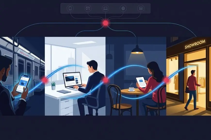 A panoramic illustration of a customer journey from a social media ad on a metro, to a laptop website, to an email on a tablet, and finally entering a physical retail showroom, all connected by a single glowing blue thread