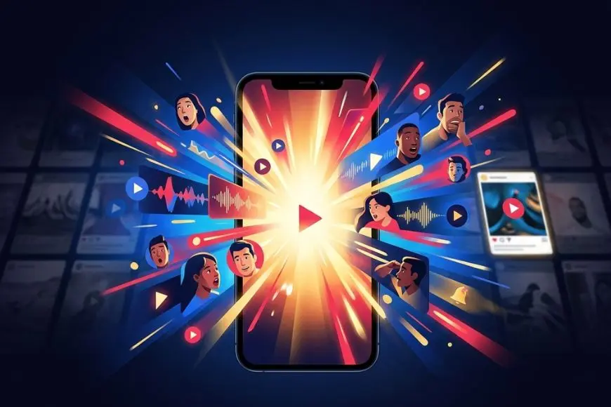 A smartphone screen radiating kinetic energy with play buttons and human reaction faces, symbolizing high-engagement digital content.