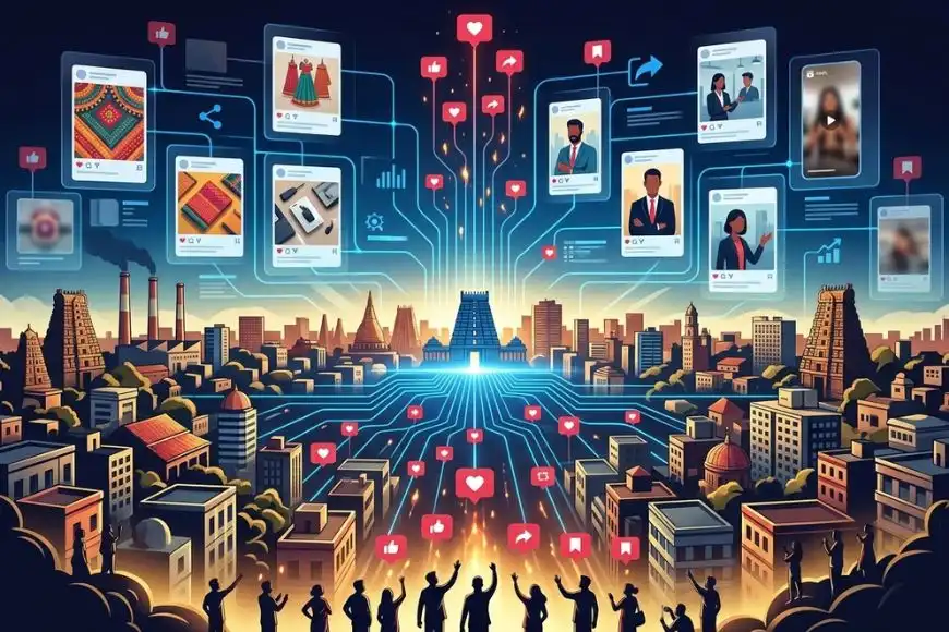 A bird's-eye illustration of a South Indian city skyline with temple gopurams and textile mill smokestacks, blending into a dynamic social media content calendar grid and network of engagement.