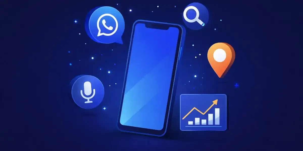 mobile marketing in India 2026 illustration showing smartphone with WhatsApp chat search voice assistant location and growth analytics icons