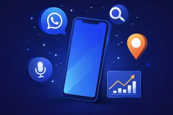 mobile marketing in India 2026 illustration showing smartphone with WhatsApp chat search voice assistant location and growth analytics icons