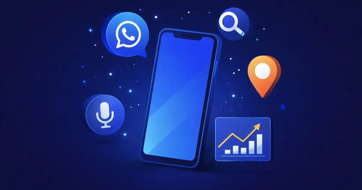 mobile marketing in India 2026 illustration showing smartphone with WhatsApp chat search voice assistant location and growth analytics icons