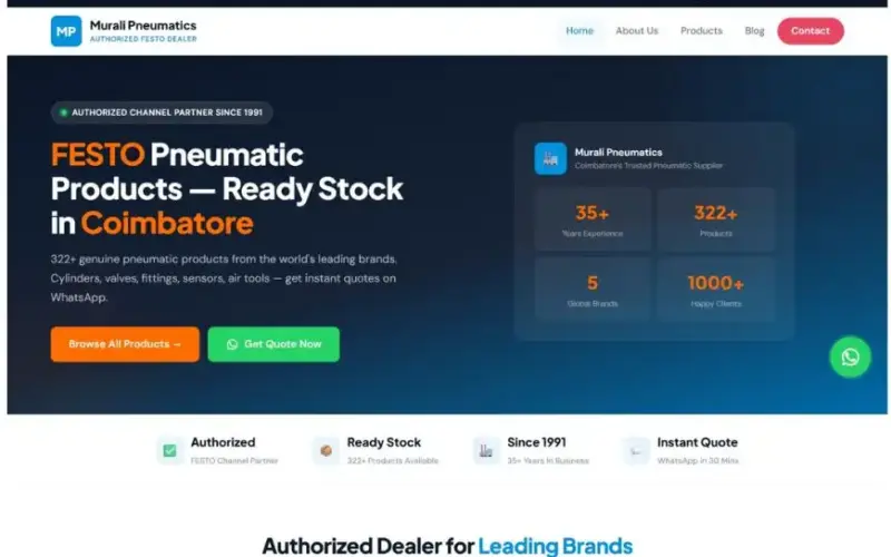 Murali Pneumatics website homepage screenshot showing FESTO pneumatic products ready stock in Coimbatore developed by BRUsoft