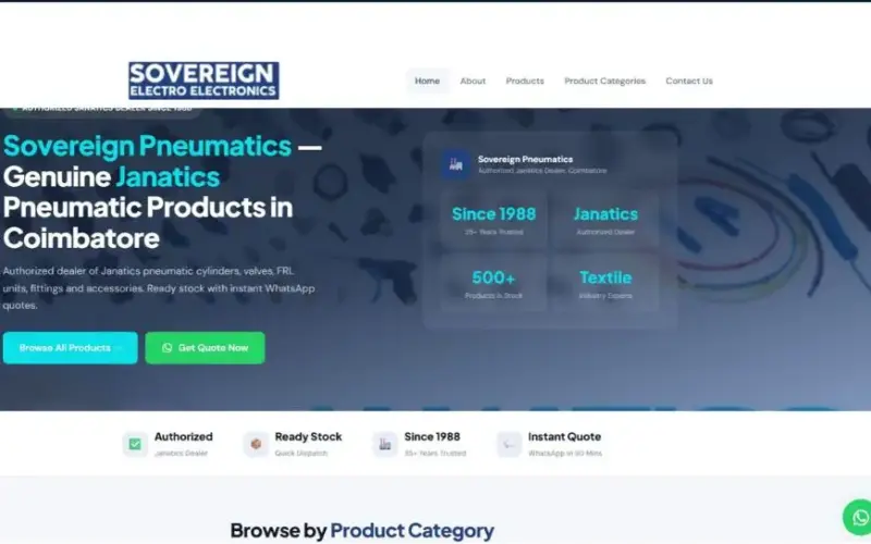 Homepage screenshot of Sovereign Pneumatics showing Janatics pneumatic products dealer website in Coimbatore.