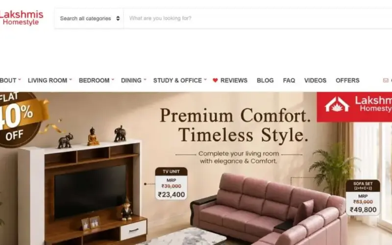 Lakshmis Home Style furniture website homepage showing sofa, dining and bedroom category browsing