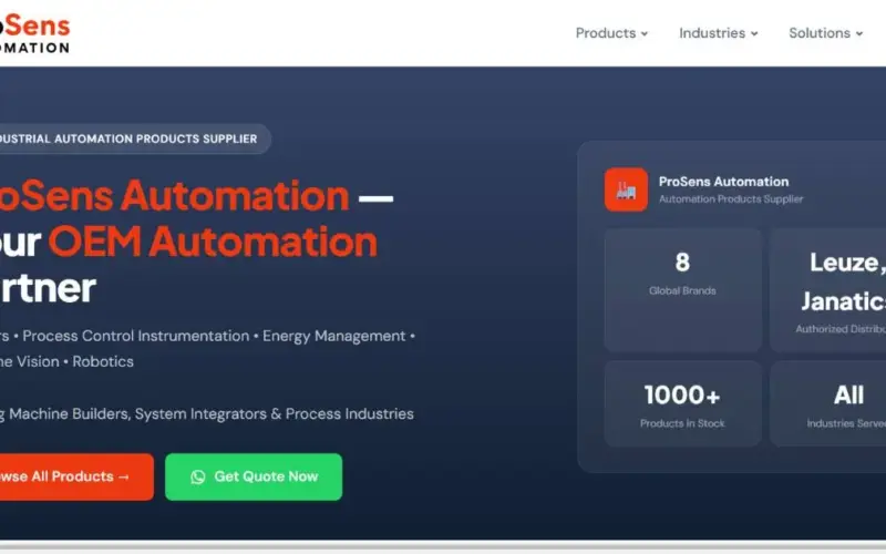 ProSens Automation homepage showing authorised Leuze and Janatics distributor badges, brand count and part-number search
