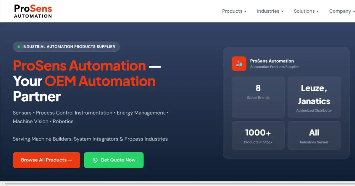 ProSens Automation homepage showing authorised Leuze and Janatics distributor badges, brand count and part-number search