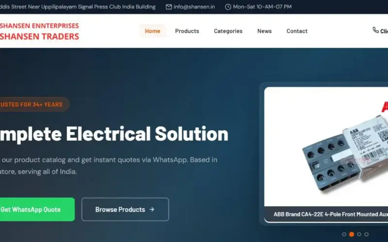 Shansen Enterprises homepage showing authorised dealer brands, product categories and WhatsApp quote button