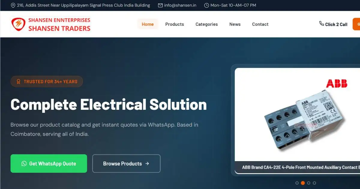 Shansen Enterprises homepage showing authorised dealer brands, product categories and WhatsApp quote button
