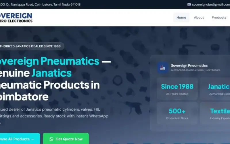 Sovereign Pneumatics website homepage showing Janatics authorized dealer badge, trust statistics and WhatsApp quote button