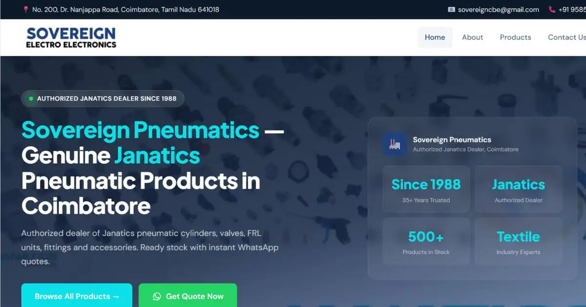 Sovereign Pneumatics website homepage showing Janatics authorized dealer badge, trust statistics and WhatsApp quote button