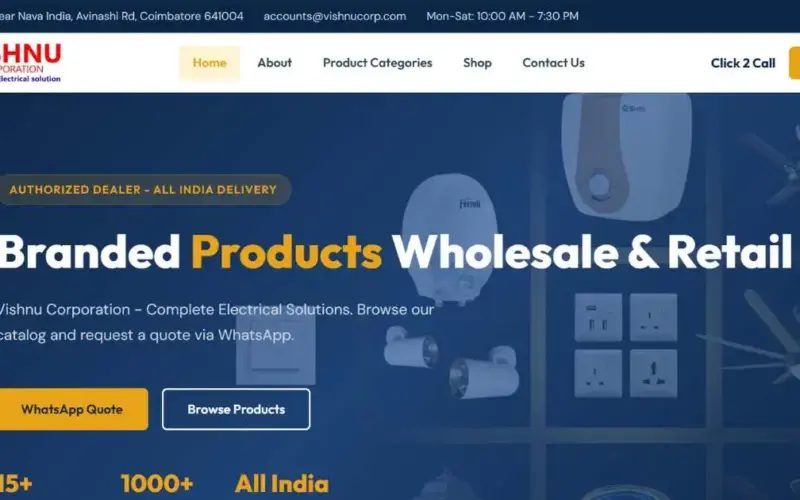 Vishnu Corporation homepage showing 15+ electrical brands and WhatsApp quote buttons