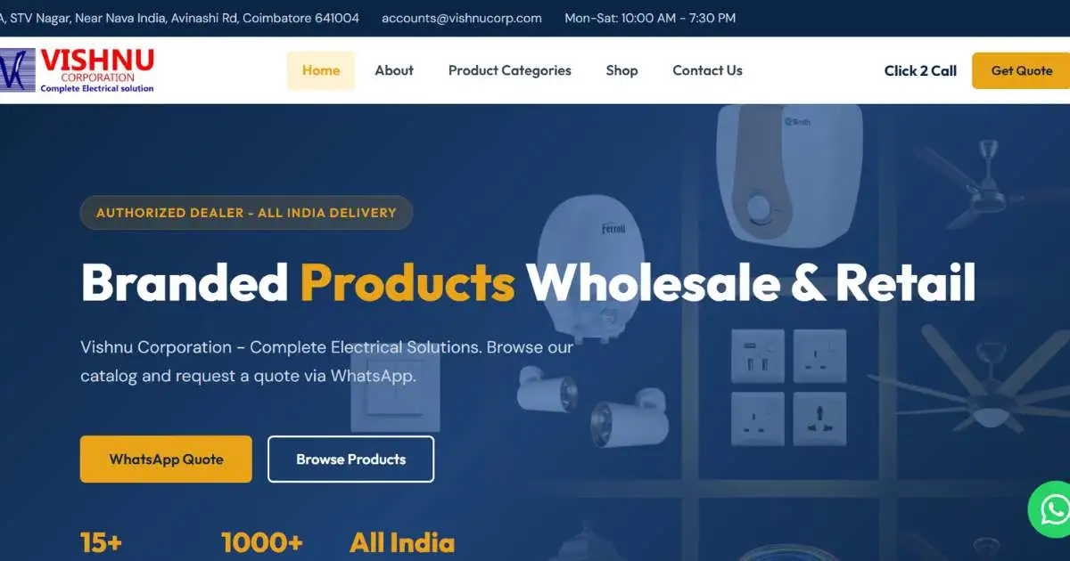 Vishnu Corporation homepage showing 15+ electrical brands and WhatsApp quote buttons