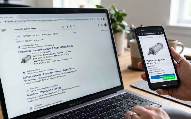 Laptop showing Google search results for pneumatic cylinder dealer with rich product listing, and a smartphone showing a catalog mode product page with WhatsApp enquiry button
