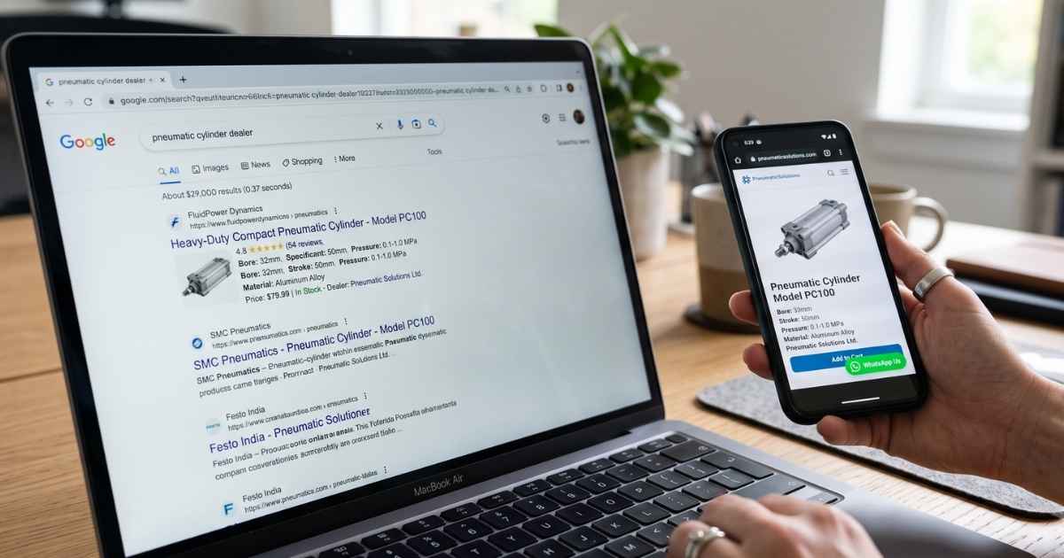 Laptop showing Google search results for pneumatic cylinder dealer with rich product listing, and a smartphone showing a catalog mode product page with WhatsApp enquiry button